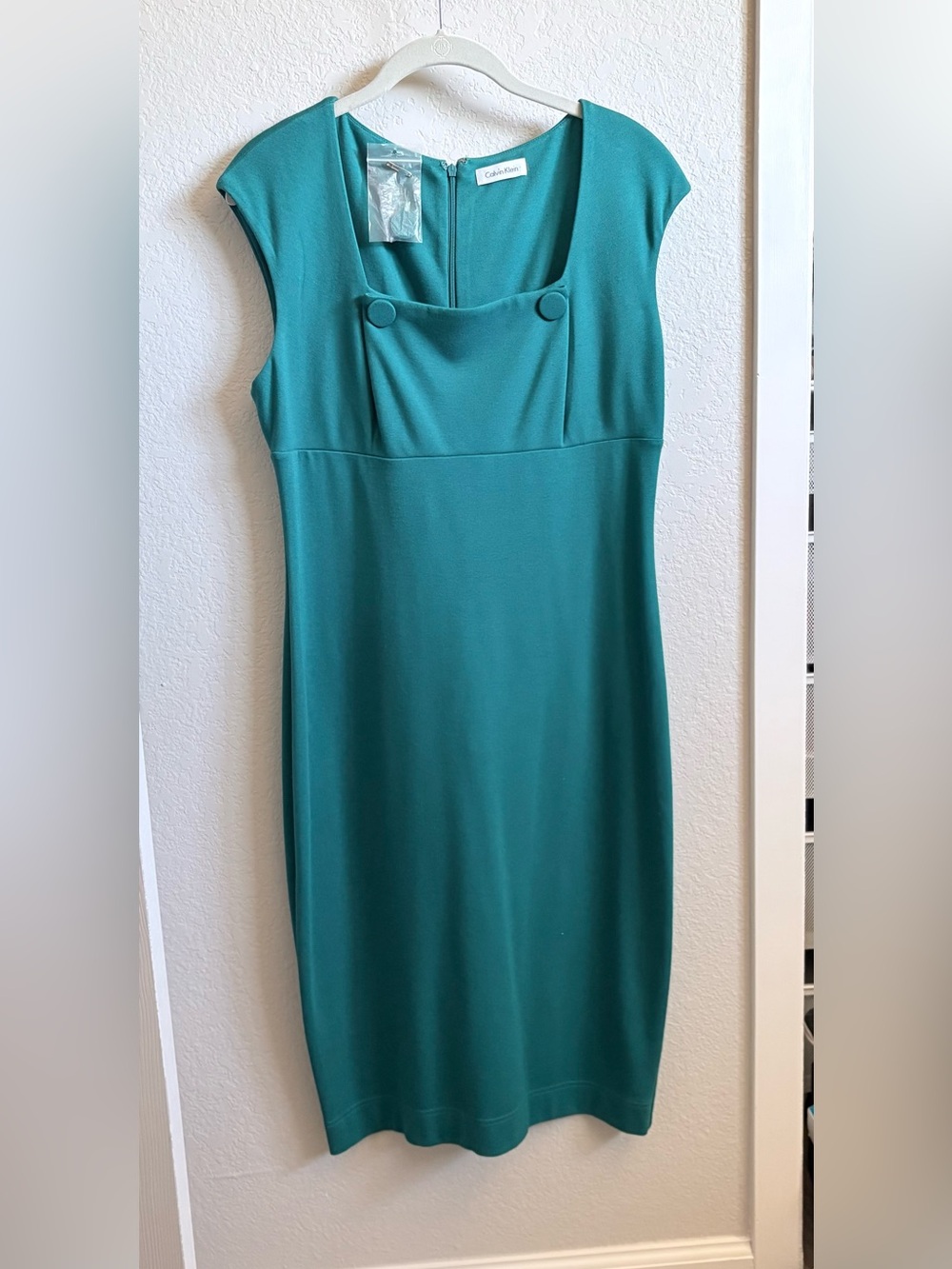 Calvin Klein Teal Cap Sleeve Sheath Dress with Button Detail
